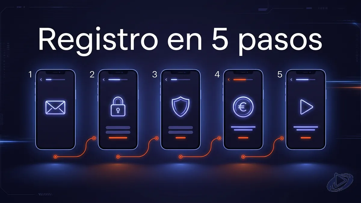 Secuencia de cinco pantallas de registro paso a paso para jugar juegos Playtech en Chile
